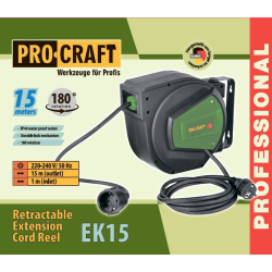 Procraft EK15 Przedłużacz elektryczny na zwijaku automatycznym 15m 3x1,5m2  07/26